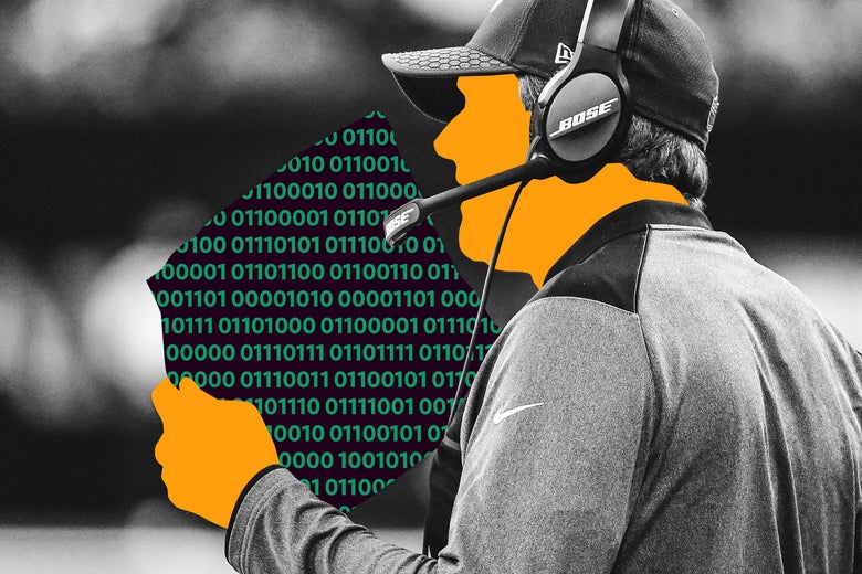 Football coach holding a playbook covered in binary code.